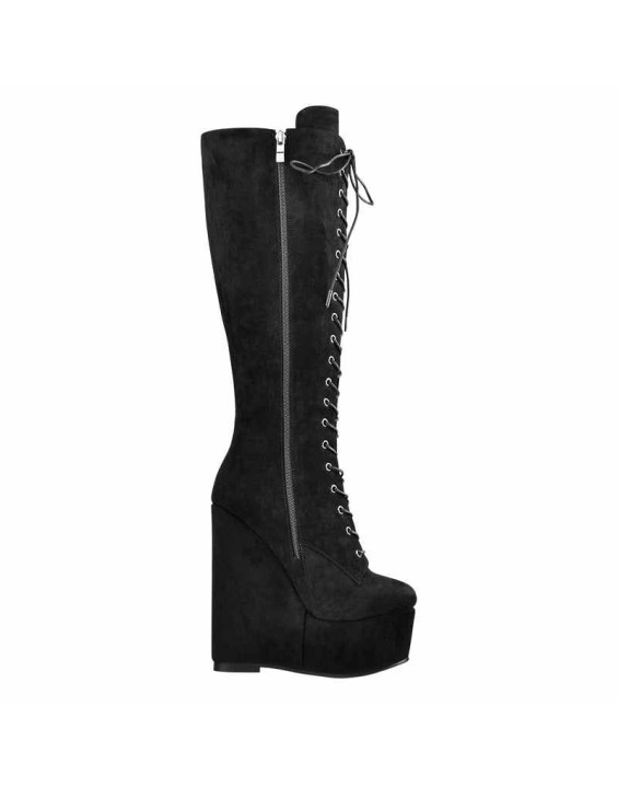 Suede Round Toe Wedge Heel Lace Up Zip Knee High Boots