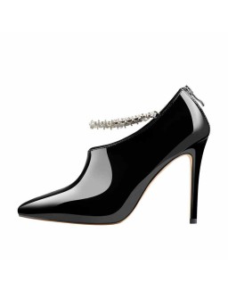 Pointed Toe Rhinestone Chain Patent Leather Stiletto High Heel Booties