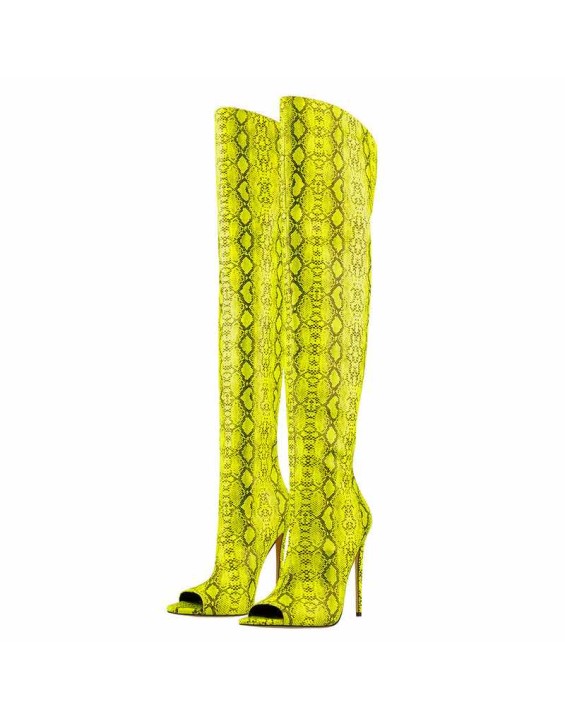 Open Toe Snake Fluorescent Color Stiletto High Heel Over The Knee Boots
