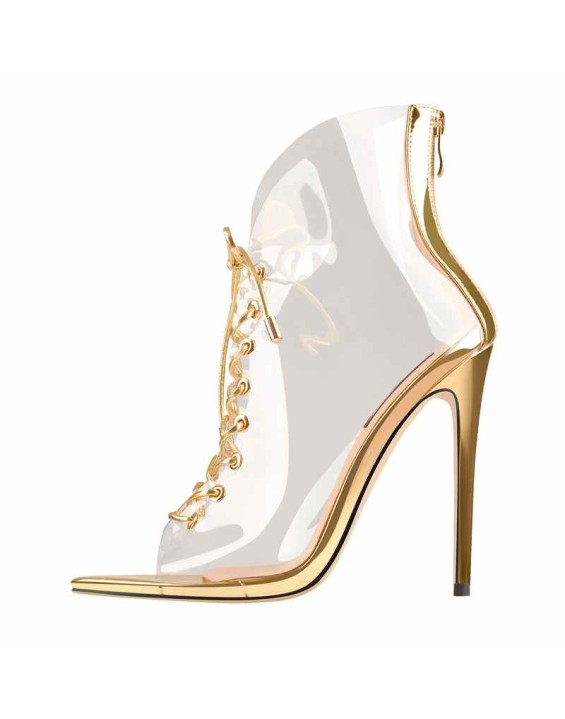 Open Toe Golden Lace up Transparent Zip Ankle Sandals Boots