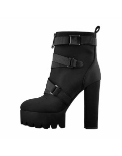 Platform Round Toe Zipper Strap Chunky High Heels Ankle Boots