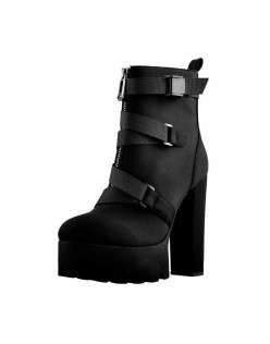 Platform Round Toe Zipper Strap Chunky High Heels Ankle Boots