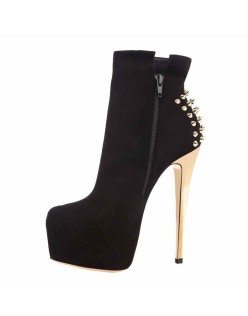 Black Suede Platform Golden Rivet Stiletto High Heel Ankle Boots