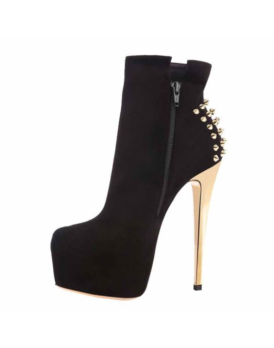 Black Suede Platform Golden Rivet Stiletto High Heel Ankle Boots
