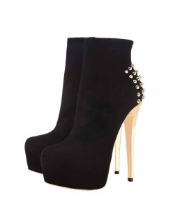 Black Suede Platform Golden Rivet Stiletto High Heel Ankle Boots