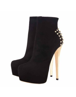 Black Suede Platform Golden Rivet Stiletto High Heel Ankle Boots