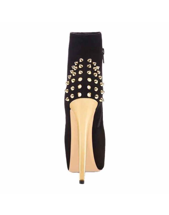 Black Suede Platform Golden Rivet Stiletto High Heel Ankle Boots