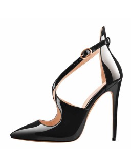 Black Patent Leather Pointed Toe Cross Strap High Heel Pumps