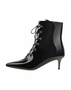Kitten Low Heel Pointed Toe Lace Up Patent Black Leather Ankle Boots