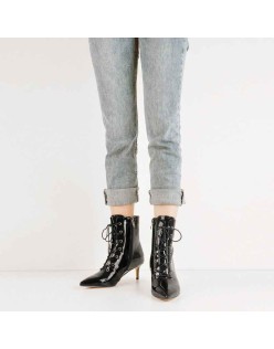 Kitten Low Heel Pointed Toe Lace Up Patent Black Leather Ankle Boots