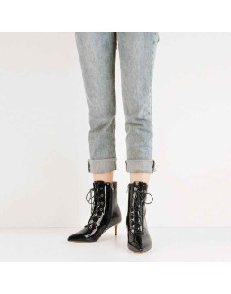 Kitten Low Heel Pointed Toe Lace Up Patent Black Leather Ankle Boots