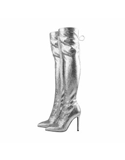 Pointed Toe Metallic Silver Thigh High Bootie