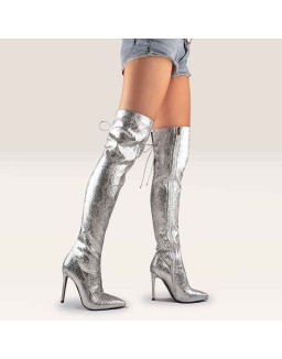 Pointed Toe Metallic Silver Thigh High Bootie