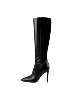 Suede Patchwork Pointed Toe Stiletto Side Zip Wide High Boots
