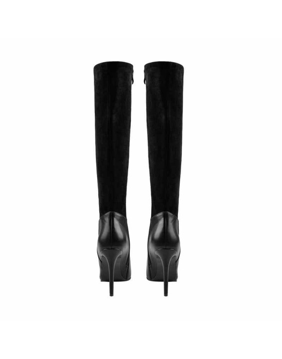 Suede Patchwork Pointed Toe Stiletto Side Zip Wide High Boots