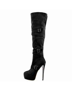 Black Suede Platform Buckle Stiletto Over The Knee High Boots