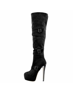 Black Suede Platform Buckle Stiletto Over The Knee High Boots