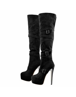 Black Suede Platform Buckle Stiletto Over The Knee High Boots