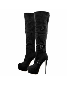 Black Suede Platform Buckle Stiletto Over The Knee High Boots