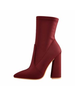 Pointed Toe Minimalistic Stretch Chunky Block High Heels Red Ankle Booties