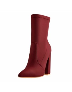 Pointed Toe Minimalistic Stretch Chunky Block High Heels Red Ankle Booties