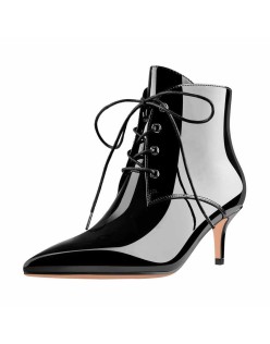 Patent Leather Pointed Toe Lace-up Kitten Low Heel Booties