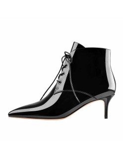 Patent Leather Pointed Toe Lace-up Kitten Low Heel Booties