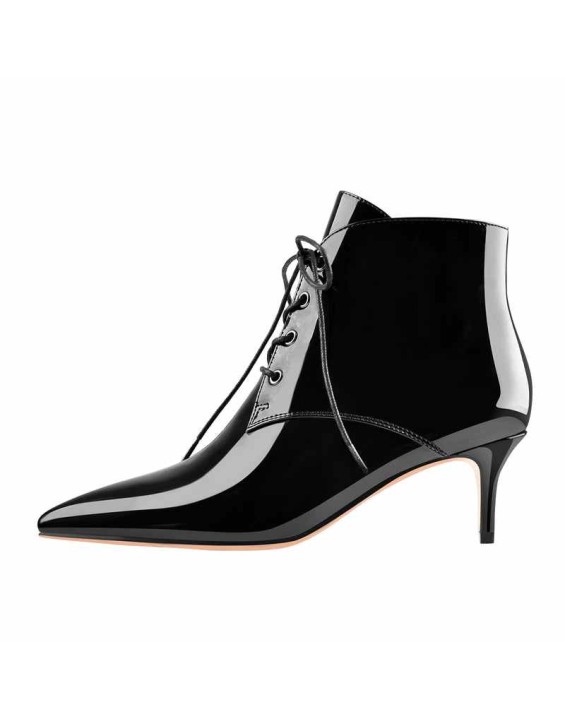Patent Leather Pointed Toe Lace-up Kitten Low Heel Booties