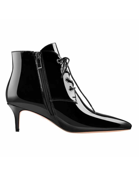 Patent Leather Pointed Toe Lace-up Kitten Low Heel Booties