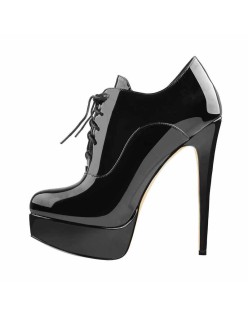 Platform Lace Up Stiletto High Heels Black Patent Leather Ankle Bootie