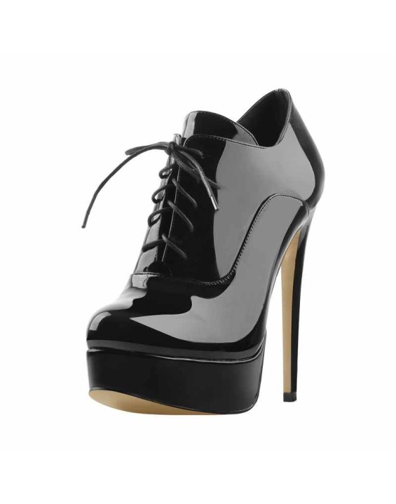 Platform Lace Up Stiletto High Heels Black Patent Leather Ankle Bootie