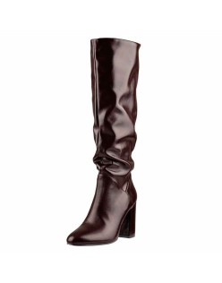 Round Toe Crinkle Mid Calf Chunky Heels Boots