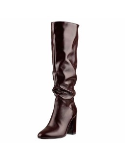 Round Toe Crinkle Mid Calf Chunky Heels Boots