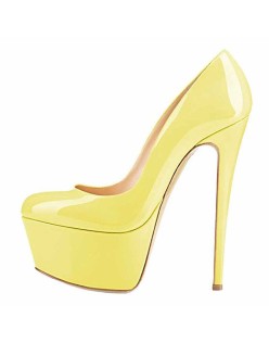 Patent Leather Rounde Toe Platform Yellow Stiletto High Heels Pumps