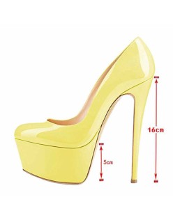 Patent Leather Rounde Toe Platform Yellow Stiletto High Heels Pumps