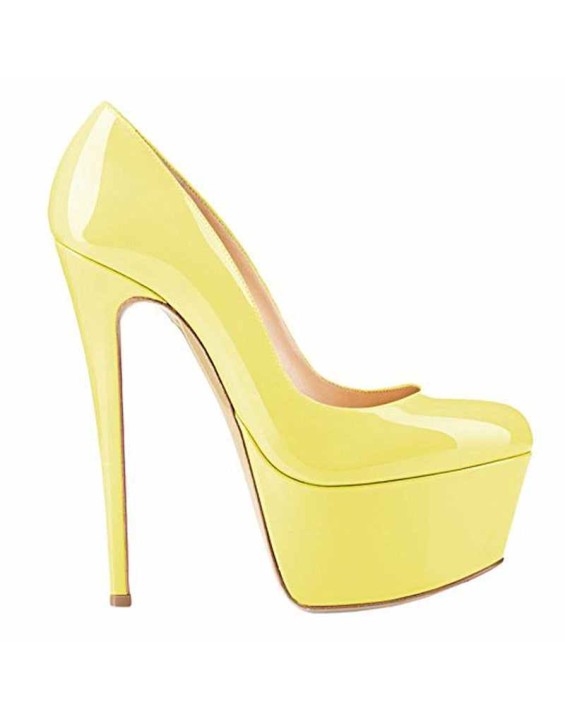 Patent Leather Rounde Toe Platform Yellow Stiletto High Heels Pumps