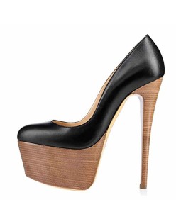 Rounde Toe Platform Wood Grain Stiletto High Heels Pumps