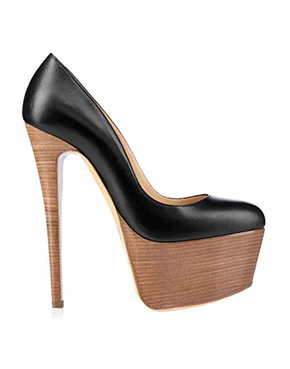 Rounde Toe Platform Wood Grain Stiletto High Heels Pumps