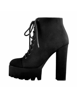 Platform Round Toe Lace Up Chunky High Heels Suede Ankle Boots