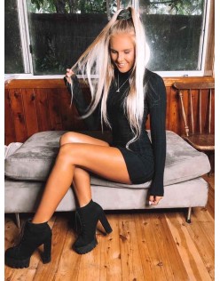 Platform Round Toe Lace Up Chunky High Heels Suede Ankle Boots