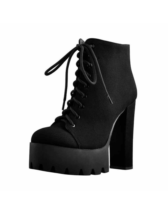 Platform Round Toe Lace Up Chunky High Heels Suede Ankle Boots