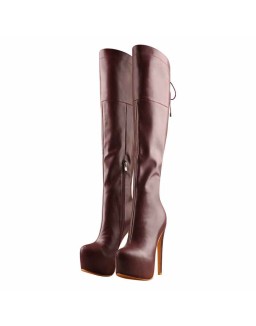 Faux Leather Round Toe Platform High Heels Over The Knee Boots