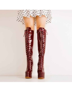 Burgundy Platform Lace-Up Knee High Boot