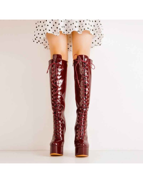 Burgundy Platform Lace-Up Knee High Boot