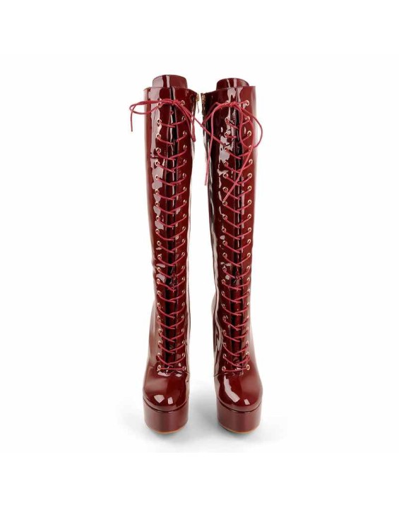 Burgundy Platform Lace-Up Knee High Boot