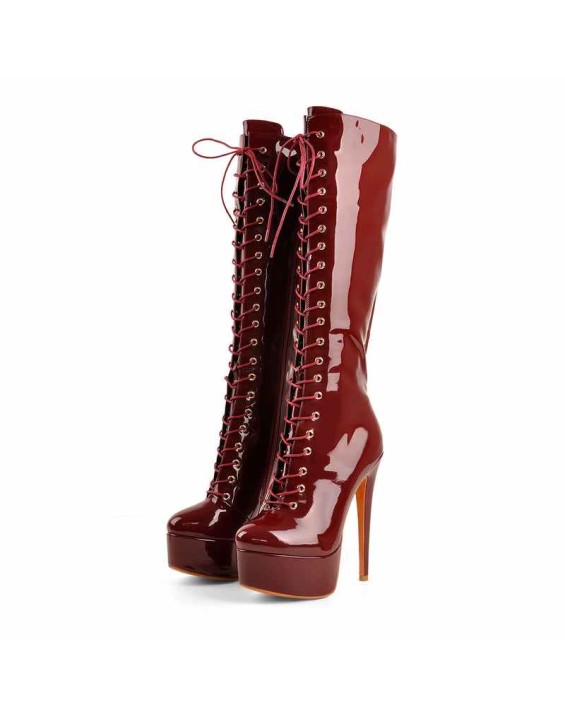 Burgundy Platform Lace-Up Knee High Boot