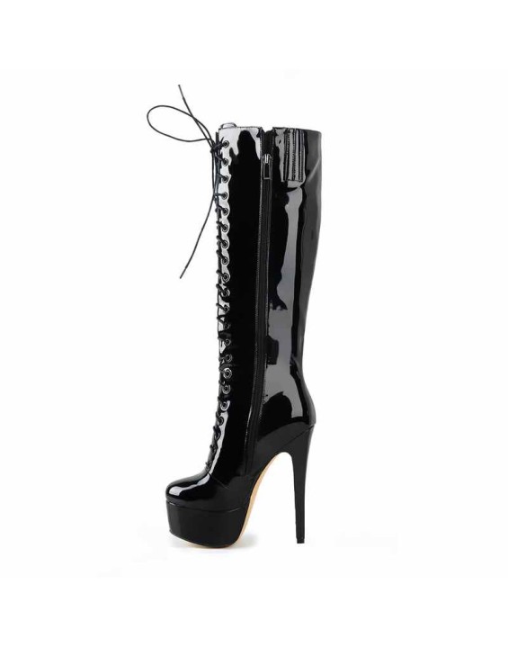 Black Patent Leather Platform Lace Up Over The Knee High Heel Boot