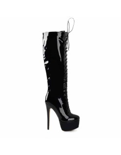 Black Patent Leather Platform Lace Up Over The Knee High Heel Boot