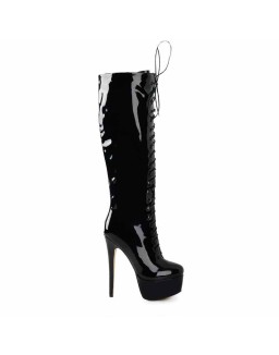 Black Patent Leather Platform Lace Up Over The Knee High Heel Boot