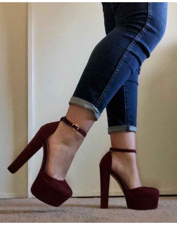Platform Chunky High Heel Mary Jane Burgundy Pumps